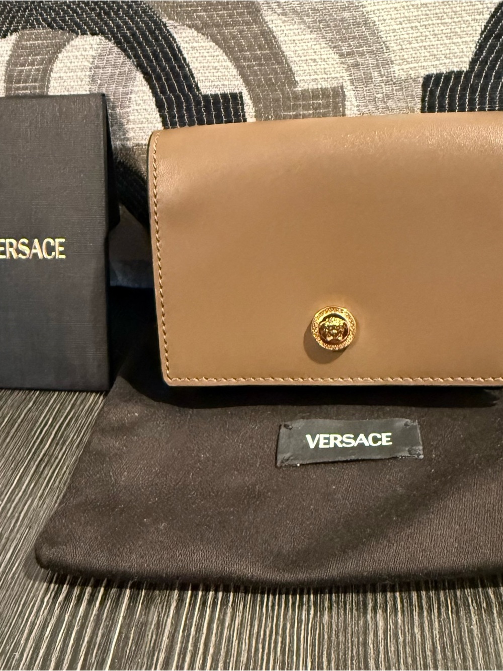Versace Tan Leather Wallet with Gold Medusa Button